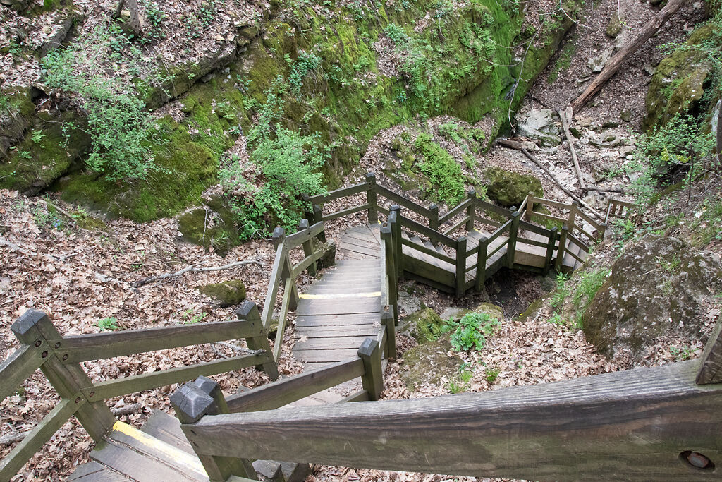 A large set of stairs lines the hill at the Devil's Icebox